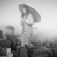 giantess collage city monochrome walking looking_down outdoors umbrella kyoujingirls