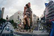 giantess collage city long_hair clothed buildings brunette looking_down giantesses outdoors crowds kyoujingirls