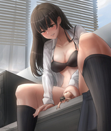 drawing insertion black_hair color long_hair handheld bra low_angle smiling socks black_eyes hand looking_down indoors semi_nude black_socks looking_at_tiny bare_legs smirking bare_midriff incest kuroihassan