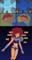 breasts drawing giantess earth giga city alien space comic color large_breasts long_hair planet buildings green_eyes teen_titans red_hair starfire kissing shorts lipstick costume top belt bracelet dialogue australia america dc_comics cosmic_giantess orange_skin bare_legs nightcore100 bare_midriff