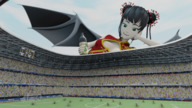 giantess black_hair smiling lying_down short_hair soccer crowds digital_render coronavirus corona_chan