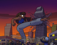 breasts drawing giantess feet city color destruction clothed barefoot rampage buildings angry brunette sweat kick dark_skin outdoors sky sunset top headband bare_midriff megamaliit molly norm