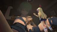 growth giantess blonde green_hair heart lesbians indoors ripping_clothes katsuragi cramped digital_render hikage source_film_maker bare_midriff tenguyurilove