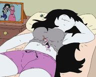breasts drawing sleeping black_hair color large_breasts long_hair clothed bed smiling pink_hair lying_down shorts indoors bedroom closed_eyes adventure_time marceline princess_bubblegum bare_legs bare_midriff indianaarts cartoon_network