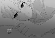 drawing gentle micro sleeping monochrome clothed finger bed smiling lying_down hand indoors bedroom juri looking_at_tiny edogtskagura grayscale sachiko