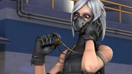white_hair color clothed red_eyes gloves short_hair cage mask indoors black_gloves necklace digital_render femboy fortnite looking_at_tinies imakevoreartsfm hush necklace_cage facemask