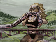 bikini drawing giantess furry macro tail cat anthro color large_breasts long_hair bridge destruction claws cleavage red_eyes biting train squatting lion sabertooth fangs mountains prey thighs outdoors trees commission implied_vore chewing multicolored_hair bare_legs nibbling train_bridge bare_midriff armageddon_the_dutchie freya night_mint