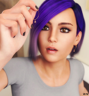 giantess purple_hair surprised shrunken_woman dangle discovered earrings looking_at_tiny human_jewelry innocent_owl