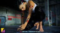 black_hair long_hair barefoot smiling shrunken_man looking_down outdoors tattoo digital_render onlyyougts