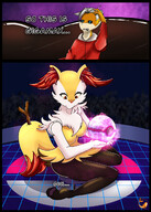 drawing giantess pokemon furry tail anthro color large_breasts blue_eyes barefoot stadium paws unknown_artist sitting thighs orange_eyes pokeball dialogue source_needed looking_at_tiny braixen on_knees bare_legs dynamax pokemon_sword_and_shield chest_tuft