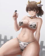 bikini giantess horns tongue handheld cleavage brunette shrunken_woman cow_girl cropped bare_midriff kuroihassan cow_print bare_thighs lip_lick cow_ears bell_collar