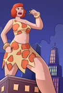 breasts drawing giantess vore city mega black_hair color large_breasts handheld bra buildings brunette giganta red_hair open_mouth dark_skin night bracelet imminent_vore leopard_print dc_comics loincloth bare_legs bare_midriff caiman2 looking_at_tinies pandatomi77