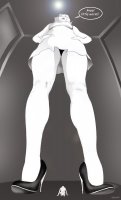 drawing panties upskirt monochrome long_hair low_angle smiling shrunken_man dialogue