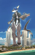 drawing gentle giantess furry tail anthro city color large_breasts swimsuit blue_eyes claws beach handheld barefoot water ocean buildings wet blue_hair fox multiple_sizes island piercings airplane fishing walking giantesses vehicles clouds thighs sky ships earrings commission flag leotard bracelet sharp_teeth blue_nails lifeguard scalie bare_legs shark_girl scream_(artist) armageddon_the_dutchie yuri_(armageddon_the_dutchie) astadi ali