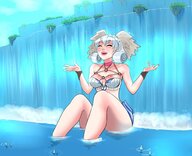 drawing giantess blue_hair waterfall smiling short_hair sitting looking_up outdoors bare_midriff