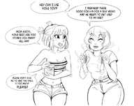 drawing monochrome cleavage smiling short_hair pigtails shrunken_man laughing jar odor dialogue no_background bubimun bare_midriff