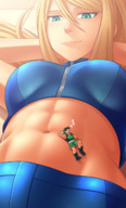 drawing gentle sleeping blonde color large_breasts long_hair blue_eyes clothed samus_aran smiling lying_down muscles shorts abs shrunken_man metroid commission sports_bra zero_suit_samus looking_at_tiny on_belly little_mac punch-out!! thunderafterdark super_smash_bros. human beauty_mark thesergent4