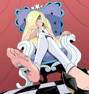 drawing pokemon blonde long_hair toes barefoot soles sitting shrunken_man looking_down throne taped_down stuck_to_foot lusamine_(pokemon) guzma_(pokemon)