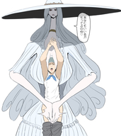 drawing white_hair large_breasts long_hair mini_giantess handjob dialogue no_background between_breasts