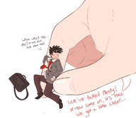 drawing gentle giantess blushing color clothed handheld couple embarrassed hand uniform fingers lifting between_fingers bag dialogue valentines_day no_background ncmares yohomeboync yohomeboyraps out_of_frame