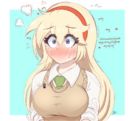 drawing gentle giantess blonde color large_breasts long_hair clothed purple_eyes couple embarrassed cute uniform heart tie sweater dialogue valentines_day no_background flushed sweat_drop ncmares yohomeboync yohomeboyraps out_of_frame