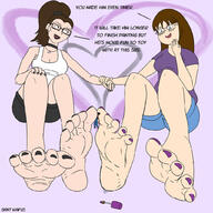 drawing feet color blue_eyes clothed toes barefoot playful glasses brunette brown_eyes smiling ponytail between_toes nail_polish laugh valentines_day no_background julia bare_legs smirking giantwaifus serah
