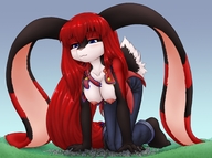 drawing nipples giantess crush furry macro blushing tail anthro city color large_breasts long_hair destruction blue_eyes bunny barefoot cleavage buildings jeans topless red_hair areola looming looking_down all_fours long_ears on_knees alloyrabbit genetta hanging_breasts