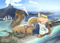 drawing giantess furry tail anthro blonde color large_breasts butt destruction blue_eyes clothed beach toes barefoot water ocean buildings soles fang paws lying_down piercings mountains boats vehicles clouds thighs sky palm_trees jewelry necklace earrings bikini_bottom belt islands paw_pads surfboard bare_legs hand_on_head bare_midriff scream_(artist) brown_fur ali