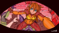 drawing giantess city mega color long_hair mecha destruction blue_eyes smiling neon_genesis_evangelion fighting looking_down looking_at_viewer orange_hair luckyb asuka_soryu_langley