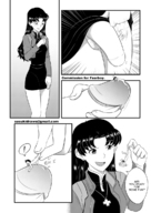 drawing comic monochrome long_hair futanari penis clothed skirt smiling scared hand neon_genesis_evangelion shrunken_man fingers necklace handled shinji_ikari looking_at_tiny misato_katsuragi bare_legs susukidraws