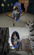 giantess city mega comic blue_eyes skirt buildings brunette ponytail short_hair boots portal outdoors choker bioshock_infinite bioshock digital_render bare_legs elizabeth_comstock zapzapper