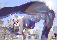 breasts nipples giantess horns city mega blonde aroused large_breasts long_hair butt huge_breasts pink_eyes looking_down mask stretching construction_site biting_lip raised_butt my_hero_academia mt._lady thehormone