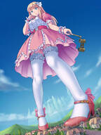 giantess feet city mega blonde long_hair destruction blue_eyes princess shoes low_angle dress foot_crush looking_down heel clouds sky thigh_highs white_socks aoigai looking_at_tinies frills