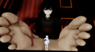 feet black_hair long_hair clothed toes barefoot soles red_eyes smiling raven unknown_artist sitting shrunken_woman looking_down indoors between_feet necklace source_needed sitting_on_floor looking_at_tiny digital_render rwby smirking miku_miku_dance