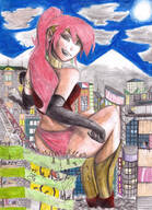 giantess panties city mega long_hair destruction buildings pink_hair gloves ponytail unknown_artist sitting looking_down mountains clouds sky necklace construction_site semi_nude source_needed sitting_on_building rear_view rwby bare_legs bare_midriff looking_at_tinies sitting_on_tinies