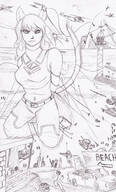 tail city monochrome destruction beach ocean buildings angry fox_ears unknown_artist looking_down outdoors pencil_drawing tied_down source_needed rwby grayscale