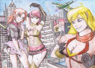 breasts drawing panties city mega upskirt blonde color long_hair destruction clothed cleavage skirt buildings smiling scared pink_hair dress short_hair unknown_artist airplane looking_down giantesses clouds sky hanging_on orange_hair source_needed looking_at_tiny rwby cleavage_window on_breasts smirking between_breasts