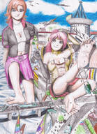breasts drawing panties feet city mega upskirt color destruction clothed barefoot cleavage skirt buildings smiling scared pink_hair dress short_hair unknown_artist airplane looking_down giantesses dangle clouds sky on_foot hanging_on orange_hair source_needed looking_at_tiny rwby cleavage_window on_breasts smirking bare_midriff between_breasts