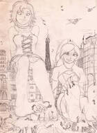 giantess feet city monochrome destruction clothed barefoot buildings domination smiling short_hair unknown_artist foot_crush fighting looking_down giantesses between_toes dirty_soles sky source_needed sitting_on_building sitting_on_floor rwby bare_legs smug grayscale