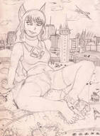 breasts giantess tail city mega monochrome destruction barefoot cleavage buildings soles butt_crush fox_ears short_hair unknown_artist sitting foot_crush shorts airplane cruel hand_crush clouds outdoors pencil_drawing sky between_feet leg_crush source_needed sitting_on_floor rwby cleavage_window bare_legs foot_sandwich smirking bare_midriff grayscale