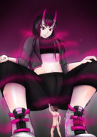 giantess horns black_hair shoes camel_toe squatting pink_eyes demoness shrunken_man looking_down sneakers perspective reina no_background looking_at_tiny highlights naked_tiny bare_midriff pink rarayagts pheromones pink_highlights