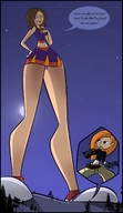 breasts drawing giantess panties mega upskirt color clothed green_eyes shoes brunette smiling cheerleader short_hair kim_possible looking_down night outdoors disney point_of_view trees dialogue orange_hair looking_at_tiny bare_legs cutaway bare_midriff bonnie_rockwaller picjusbro