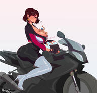 breasts drawing color large_breasts clothed cleavage high_heels huge_breasts brunette brown_eyes short_hair shrunken_man looking_down motorcycle no_background looking_at_tiny long_boots cleavage_window bare_midriff between_breasts horny-x rift09 cece