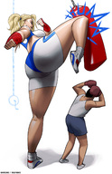drawing blonde color long_hair blue_eyes shoes socks ponytail mini_giantess kick shorts workout sneakers white_socks punching_bag no_background bare_legs bare_midriff billy_nunez damegang maven