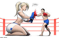 breasts drawing blonde color large_breasts long_hair blue_eyes barefoot huge_breasts ponytail mini_giantess shorts boxing boxing_ring no_background looking_at_tiny bare_legs bare_midriff billy_nunez damegang maven trianing