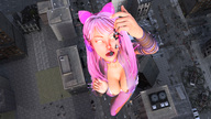 giantess vore city mega large_breasts long_hair destruction clothed cleavage cat_ears high_angle scared pink_hair hand headphones open_mouth fingers looking_up outdoors aerial_view hair_ribbon sci_fi white_eyes redfiredog digital_render cleavage_window looking_at_tinies cyberpunk sizepunk dangling_over_mouth