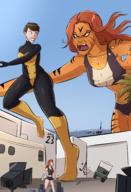 breasts drawing giantess city mega color long_hair blue_eyes claws cleavage brunette multiple_sizes yellow_eyes gloves red_hair short_hair boots fur shorts giantesses cat_girl vehicles avengers movie_set outdoors hollywood palm_trees chase costume looking_back necklace top stripes ripped_clothing tigra orange_hair running_away filming hollywood_sign orange_skin mary_jane janet_van_dyne spider-man marvel_comics the_wasp bare_midriff caiman2 misterbigred mary_jane_watson