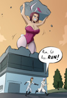 breasts giantess mega large_breasts destruction blue_eyes clothed cleavage buildings purple_hair huge_breasts angry low_angle scared leggings short_hair code_geass looking_down clouds outdoors bunny_girl sky trees source_needed strength debris looking_at_tiny kallen_stadtfeld caiman2