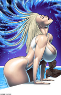 breasts drawing blonde color large_breasts swimsuit cleavage huge_breasts smiling mini_giantess night outdoors sky white_panties closed_eyes semi_nude swimming_pool cleavage_window bare_legs raised_butt bare_midriff billy_nunez bare_thighs damegang maven