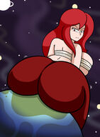 drawing giantess earth space color butt planet butt_crush red_eyes red_hair sitting fairy_tail looking_back sideboob big_butt rear_view erza_scarlet sitting_on_planet daisy-pink71 bare_midriff satonbywomen terra